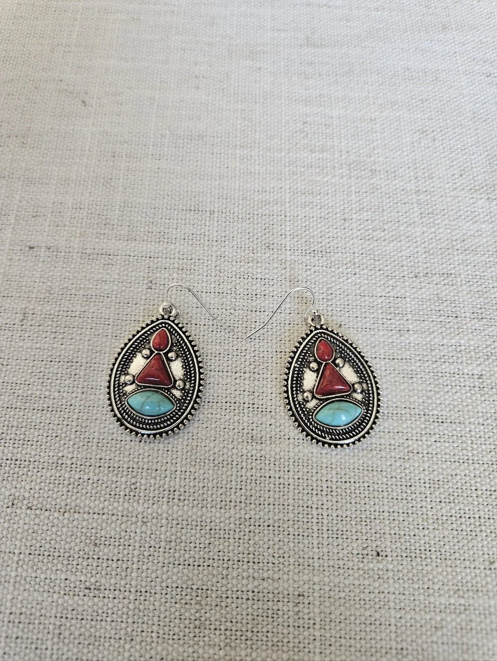 2/$19 Boho Western Faux Turquoise & Stones  Teardrop Dangle Earrings -